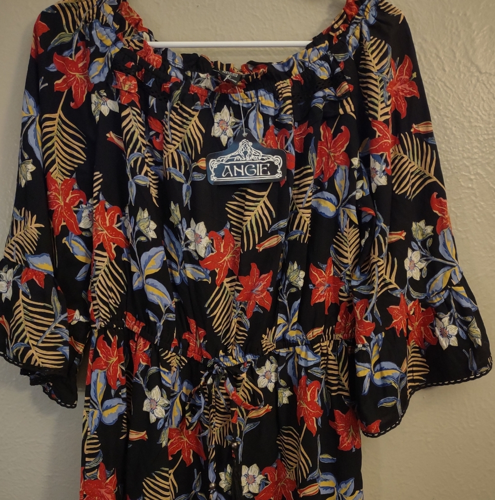 Angie Off-Shoulder Black Tropical Floral Romper – Boho Chic Size Large - Picture 2 of 11